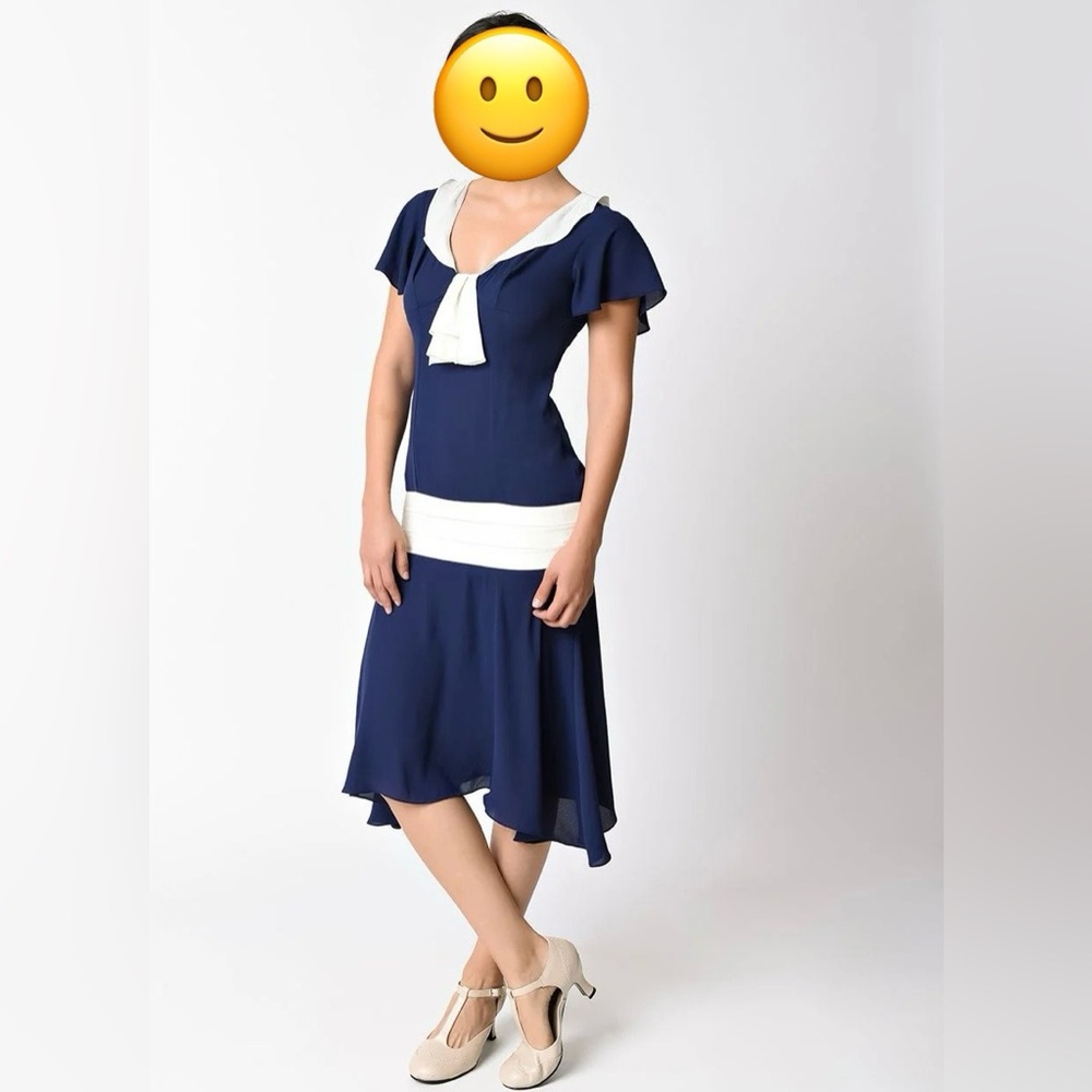 1920’s Navy Blue & Ivory Wilshire Flapper Day Dress